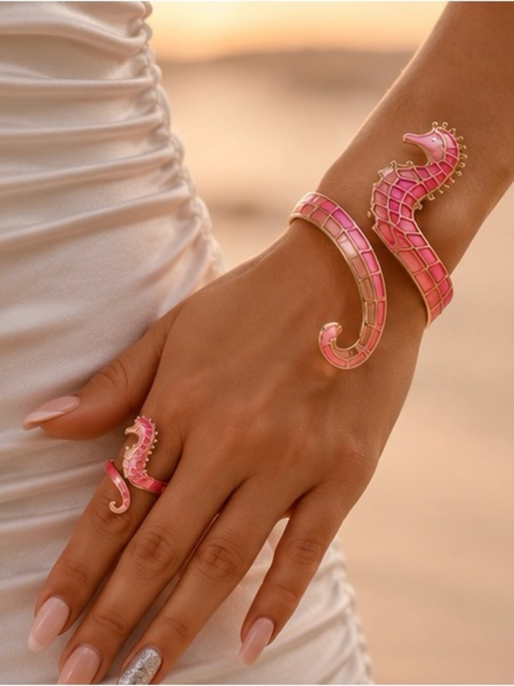 Pink Seahorse Bracelet & Ring Set Oceancore Statement Jewelry Barbiecore Accesso